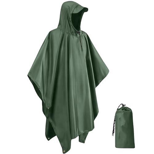 IBOPUXIU Chubasquero Mujer, Ligero, Reutilizable y Transpirable con Capucha, Impermeable Hombre Multifuncional 3 en 1 para Camping, Senderismo, Ciclismo y Pesca, Unisex （Verde）