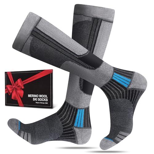 SukModen 2 pares de calcetines de esquí grises de lana merino para hombre, mujer y jóvenes, calcetines térmicos gruesos para días fríos, esquí y snowboard, talla 39-42