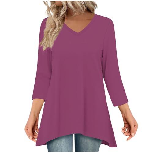 Camisetas de manga 3/4 para mujer, cuello en V, color liso, tallas grandes, informales, holgadas, plisadas, camisetas de entrenamiento, ligeras, para senderismo, 1 rosa., S