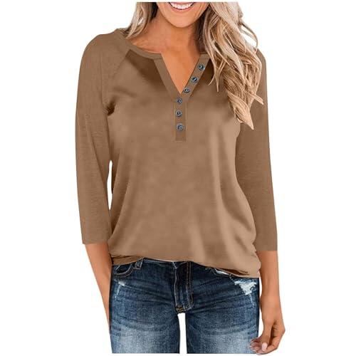 Camisetas para mujer, manga 3/4, raglán, lisas, para mujer, cuello en V, botones, tallas grandes, casuales, holgadas, para entrenamiento, camisetas ligeras para senderismo, 2 caqui, L