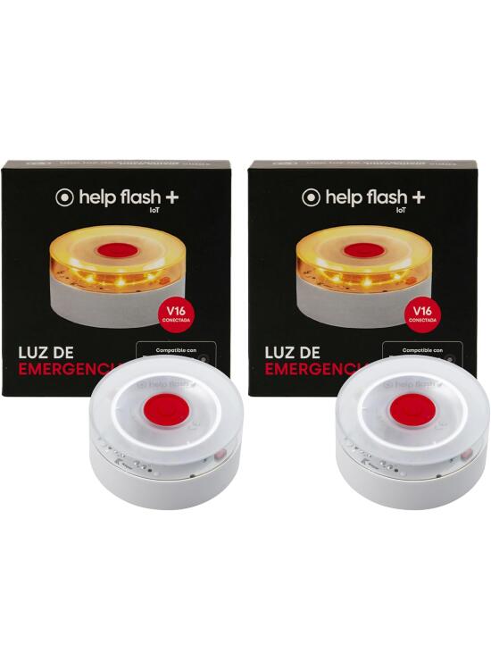 help flash IoT+ Luz de Emergencia V16 Homologada con Geolocalización Pack 2 uds, Exigible en 2026, Conectada con DGT 3.0, Señal V-16, Aviso Ubicación, Plan de Datos Incluido, Mayor Visibilidad
