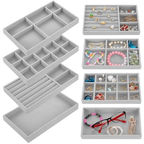4 Pcs Organizador Joyas Cajones, Bandeja Joyas,Jewelry Organizer,Organizador de Joyería, Bandejas Apilables de Terciopelo para Cajones,Tocadores,Armarios,Pendientes, Anillos, Pulseras, Collares - gris