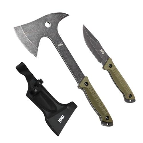 KHU 2 pcs 420HC Acero Hacha Supervivencia Cuchillo de Caza Cuchillo Hoja Fija Hacha de Camping - con Funda para Caza, Pesca, Bushcraft, Camping, Outdoor, Supervivencia y Bushcraft - 07A