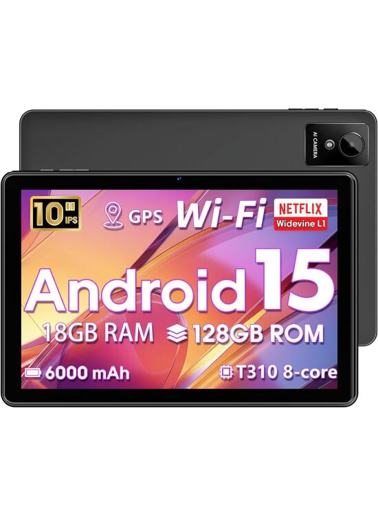 Tableta 10 Pulgadas Android 15, 18 GB RAM + 128 GB ROM 1 TB Expandible, Compatible con Widevine L1, Ocho núcleos, 2.4G+5G WiFi 5, BT 5.2, Batería de 6000 mAh, Google GMS, GPS, Cámara dual 5 MP+8 MP