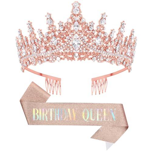 DRESHOW Corona y Fajín de Cumpleaños para Mujer Fajín de Reina de Cumpleaños y Tiara de Strass Set Tiaras y Fajines para Niñas Decoraciones Accesorios para el Pelo