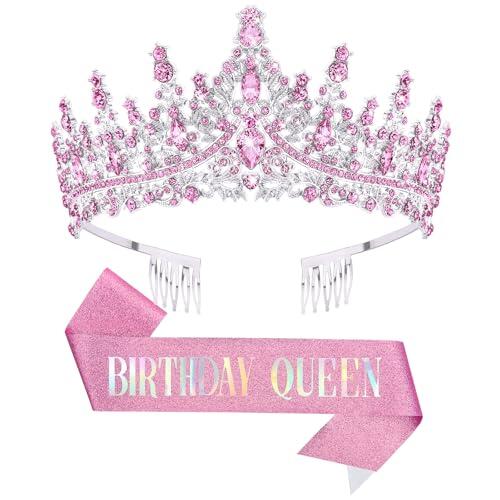 DRESHOW Corona y Fajín de Cumpleaños para Mujer Fajín de Reina de Cumpleaños y Tiara de Strass Set Tiaras y Fajines para Niñas Decoraciones Accesorios para el Pelo