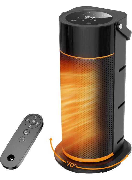 Calefactor y Bajo Consumo Negro - 2000W Cerámico PTC, 4 Niveles de Potencia y 70° Oscilación, Control Remoto, Protección contra Vuelcos y Sobrecalentamiento, Calentador para Dormitorios/Oficinas/Salón