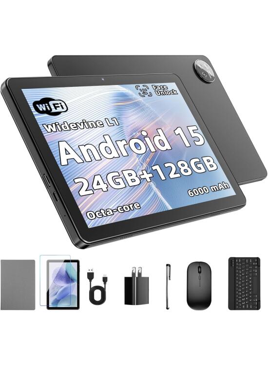 Tableta Android 15 Pulgadas: 24 GB de RAM + 128 GB de ROM (hasta 1 TB), procesador Octa-Core, Pantalla IPS HD 1280x800, cámaras de 5 MP + 8 MP, batería de 6000 mAh, Teclado, ratón, Widevine