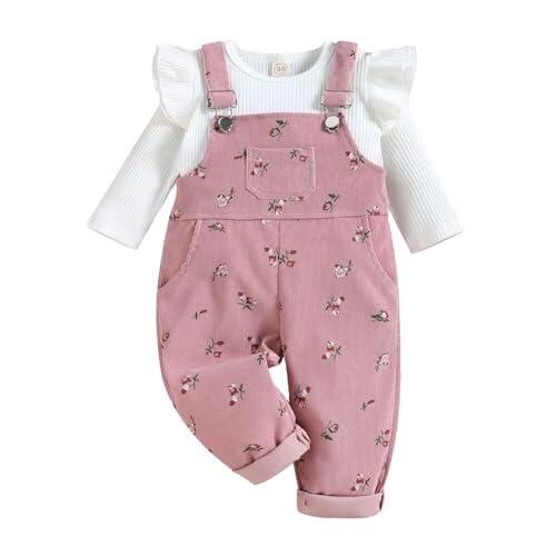 UUAISSO Ropa Para Niñas Pequeñas Camisetas de Manga Larga Punto Acanalado Pantalones Tirantes Florales y Bolsillos Conjuntos rosa 6-12 meses
