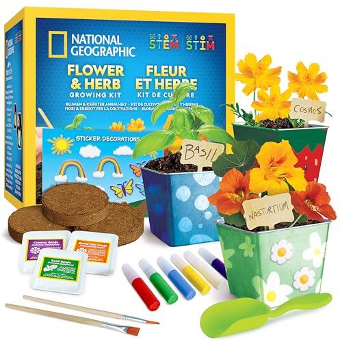 National Geographic Kit de Jardinería para Niños con Macetas y Semillas | 3 macetas de acero inoxidable, semillas, pinturas y pegatinas, decora, planta y observa cómo crece