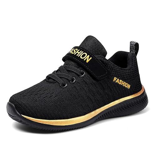 Zapatillas de deporte para niña ligeras zapatillas deportivas de malla transpirable para niños Zapatos cómodos para el día a día para niñas con tejido volador, dorado, 34 EU