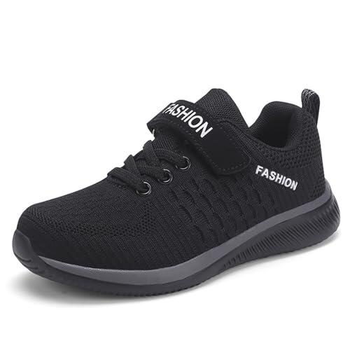 Zapatillas de deporte para niña ligeras zapatillas deportivas de malla transpirable para niños Zapatos cómodos para el día a día para niñas con tejido volador, Negro , 29.5 EU