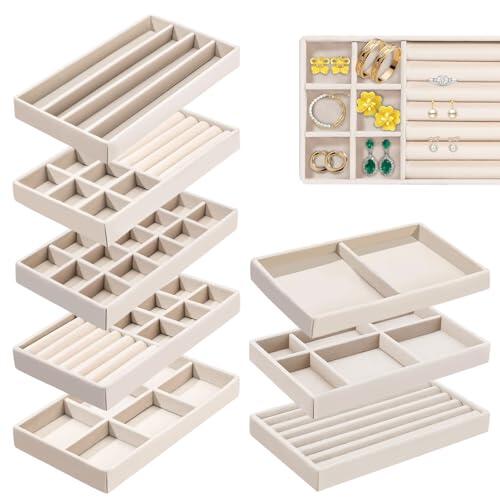 BUOSHUO Lote de 8 bandejas organizadoras para joyas de terciopelo apilables – Almacenamiento de joyas con cajón organizador con bandeja para almacenamiento de joyas para anillo, collar/pulsera