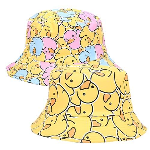 2 Piezas Pato Sombrero de Pescador Reversible para Mujer Hombre, Bucket Hat Algodón Plegable Moda Gorro Pescador Verano Sombrero de Sol de Playa para Senderismo Cámping Viaje Senderismo 54-65CM