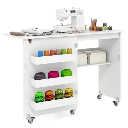 COSTWAY 2 en 1 Mesa Maquina de Coser Plegable, 116x40.5x78cm, Mueble Maquina Coser con 3 Compartimientos Ocultos y Estante, Escritorio Móvil con 5 Ruedas Bloqueables, Ahorro de Espacio (Blanco)
