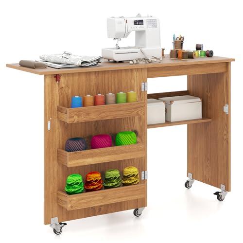 COSTWAY 2 en 1 Mesa Maquina de Coser Plegable, 116x40.5x78cm, Mueble Maquina Coser con 3 Compartimientos Ocultos y Estante, Escritorio Móvil con 5 Ruedas Bloqueables, Ahorro de Espacio (Natural)
