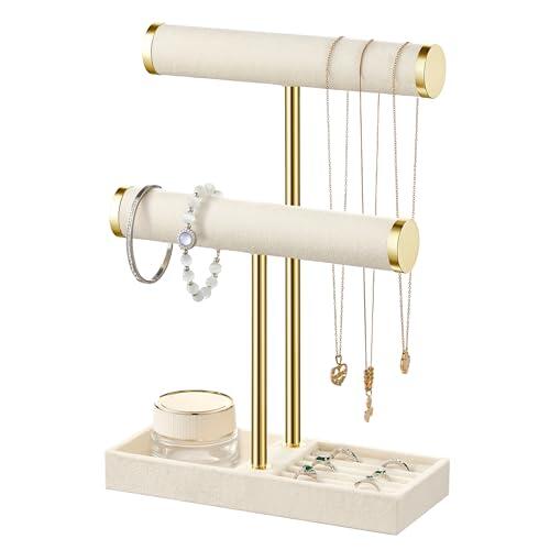 Josmimic Organizador de Joyas con 2 Niveles – Soporte para Joyas de Color Beige barra en T extraíble Soporte de Joyas de Terciopelo para Pulseras, Collares, Relojes, Anillos