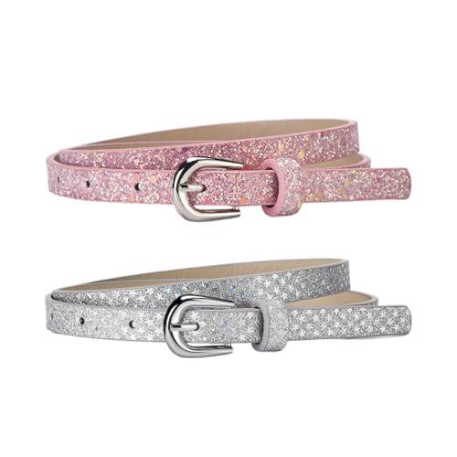 KZAQW 2 Piezas Cinturón para Niña, Cinturones de Cuero para Niños, Cinturón Ajustado para Niños con Purpurina, Cinturón de Ajustable, para Vestido Pantalones Vaqueros