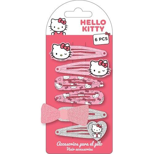 Ganchos para el cabello Hello Kitty 6 piezas para niñas | Set de broches metálicos rosas con glitter, moño decorativo y diseños originales Sanrio