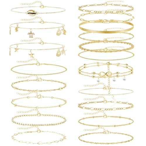 JSTHHTT 19Pcs Pulsera TobilloConjunto de Tobilleras Mujer Plateadas, Pulsera Tobillo de Moda para Mujer, Tobilleras Pulseras Elegantes y Atractivas, Tobillera Oro para Complementar Estilo
