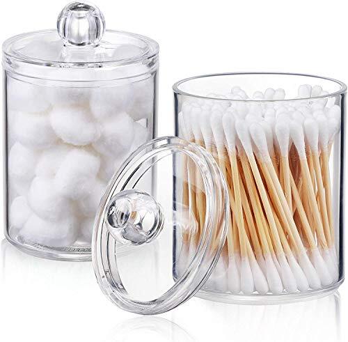 Paquete de 2 dispensadores de acrílico transparente con tapa para bolas de algodón, hisopos de algodón, almohadillas redondas de algodón, púas de hilo dental (10 onzas)