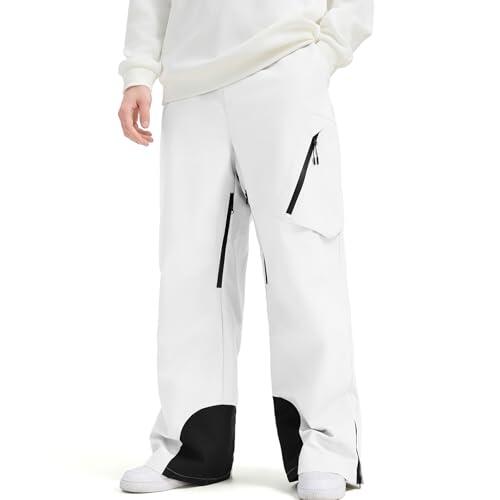 HOUZONIY Pantalones de nieve para hombre, impermeables, para invierno, para snowboard, pantalones de invierno cálidos, pantalones de esquí para hombre, Blanco, L
