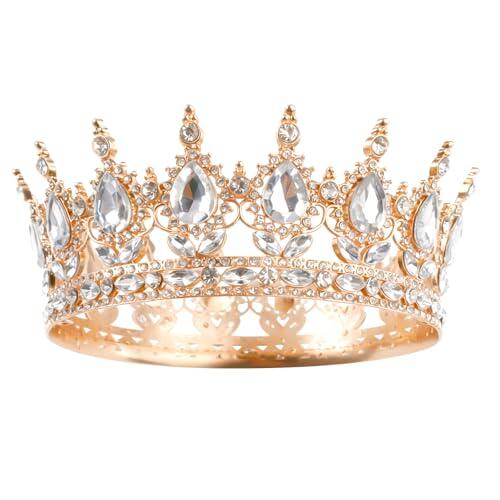EXIN DECHEN Redonda Corona, Corona Cumpleaños Tiara Strass Dorado Brillante Coronas de Cristal Tiara Novia Retro Coronas Reina Princesa Tocado para Niñas y Mujeres Boda Fiesta de Cumpleaños