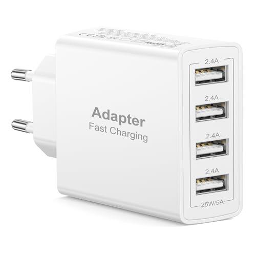 Cargador USB, 4 Puertos 25W/5A Enchufe U-SB Multiple Cargador Móvil Carga Rapida C-argador USB Multiple Cargador Rapido Carregador para iPhone 17/16/15/14/13/12/11/X/8, Samsung S25/S23/S22, Xiaomi