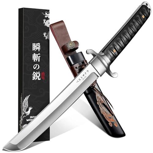 Japaknives Cuchillo de Supervivencia Tanto Japonés para Exteriores Afilado con Funda Acero D2 Hoja Fija de 5 mm de Espesor con Funda Grabada Fénix Coleccionismo Regalo para Hombres