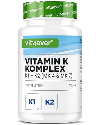 vit4ever Complex de Vitamina K - 180 Comprimidos - Alta Dosificación con 1000 µg de Vitamina K1 + K2 Menaquinona (1000 µg MK4 + 200 µg MK7) - Sin Aditivos innecesarios - Vegano