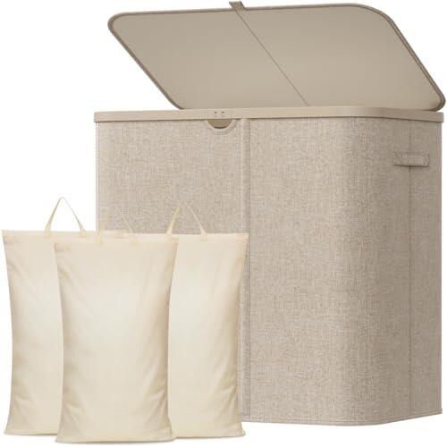 Lifewit Cesto para Ropa Sucia 150 L con Tapa, Cesta Ropa Sucia Plegable con 3 Compartimentos y Bolsas Extraíbles, Laundry Basket para Dormitorio, Baño y Lavadero, Beige