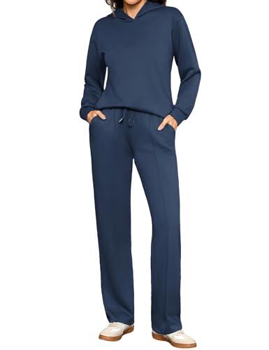 Totatuit Conjunto sport mujer 2 piezas sudadera con capucha pantalón ancho loungewear cálido casual chic Azul Marino，M