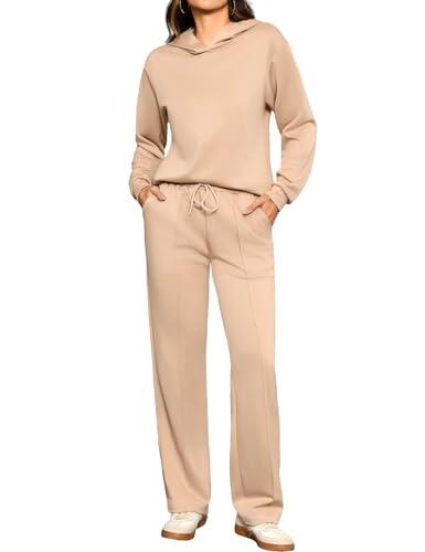 Totatuit Conjunto sport mujer 2 piezas sudadera con capucha pantalón ancho loungewear cálido casual chic Caqui，M