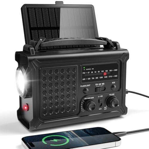 Radio de Emergencia Portátil con Manivela de 650mA y Pilas Recargable de 12000 mAh, Am/FM Radio Solar con Panel Solar Grande, Puerto USB, Linterna LED y Luz de Lectura para Acampar al Aire Libre
