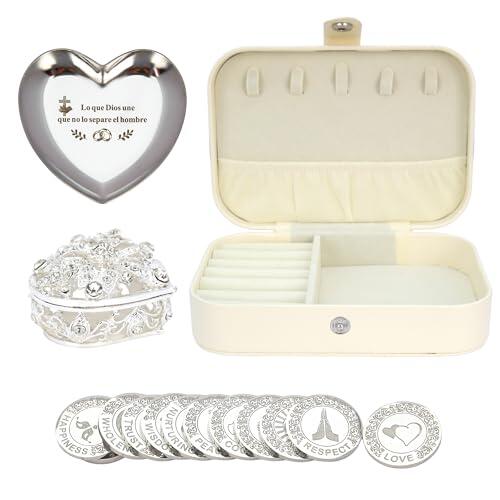 TINGKU Custom Wedding Coin Set - Arras para Boda Católica, 13 bendiciones únicas, caja de cuero de recuerdos de boda significativa-Silver Coins 5D