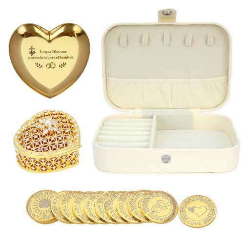 TINGKU Custom Wedding Coin Set - Arras para Boda Católica, 13 bendiciones únicas, caja de cuero de recuerdos de boda significativa-Gold Coins HB