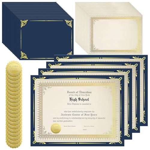 Juego de 50 papeles para certificados, 50 unidades, 50 papeles de certificado y 50 pegatinas de sello para graduación, diploma, premio, rendimiento (azul marino)