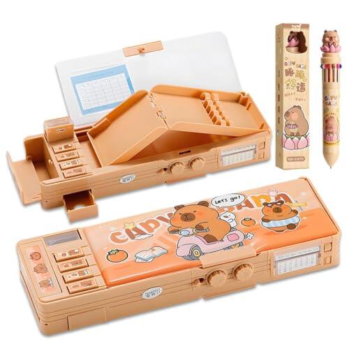 Capybara Estuche, Estuche Organizador Multifuncional, 12 en 1 Click Pens Multicolor, Juego de Estuche, Diseño de Dibujos Animados y Bloqueo de Contraseña, Adecuada para Inicio Escolar y Regalos