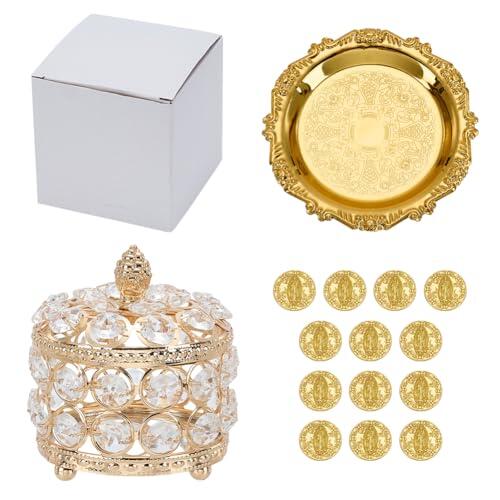 ORIGACH Juego de monedas de oro Arras de Boda, caja redonda con 13 monedas de Jesús y bandeja en relieve, accesorios de boda para ceremonia