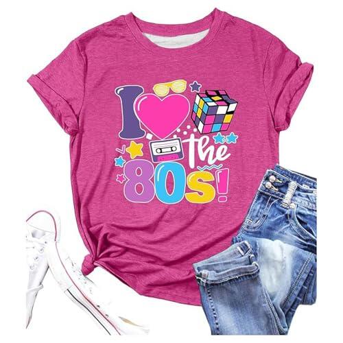 Camiseta de manga corta para mujer Casual I' 80S con estampado de letras y cuello redondo, Rosa intenso., M