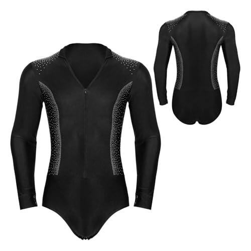 Maillot de Danza para Hombres Traje de baile de patinaje artístico for hombre, traje de baile latino, tango, baile de salón, camisetas, leotardo con diamantes de imitación brillantes(Black,3XL)