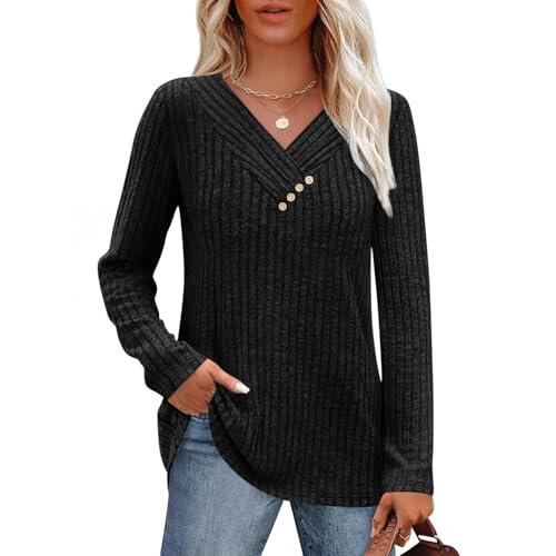 Camisetas de manga larga con cuello en V para mujer, camisetas de punto a rayas de manga larga, sudaderas para mujer, color sólido, ajuste delgado, tallas grandes, camisetas cómodas, túnica de trabajo
