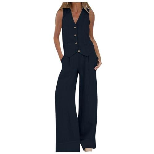 Conjuntos de Lino para Mujer, 2 Piezas, Blazer para Mujer, Trajes Formales de algodón y Lino, sin Mangas, Traje de Negocios, Chaleco con Cuello en V y Pantalones de Pierna Ancha, Conjunto Casual
