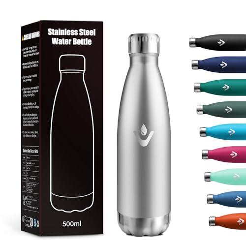 Botella Termica 500ml, Reutilizable, Botella Agua Termica a Prueba de Fugas, Termo Agua Acero Inoxidable sin BPA, Botella Doble Pared para Oficina, Escuela, Gimnasio, Senderismo, Niños, Aire Libre