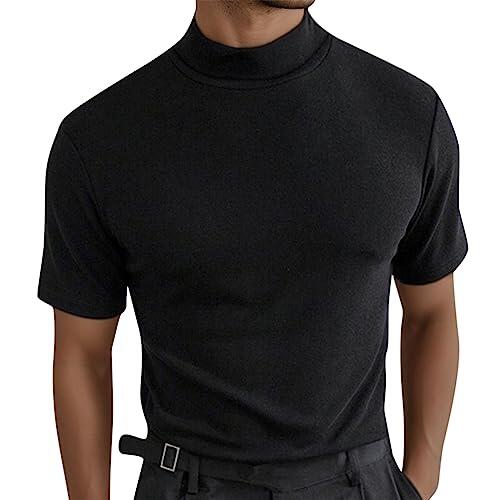 Camiseta de verano básica para hombre, cuello alto, manga corta, transpirable, cómoda, informal, Negro , L