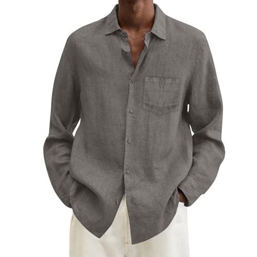 Camisa de hombre de manga larga algodón lino casual verano holgada talla grande cuello giratorio cómodo transpirable, gris oscuro, 4XL