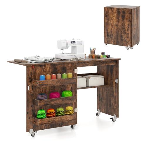GIANTEX Armario de Costura Plegable 2 en 1 con 5 Ruedas, Mesa de Coser con 3 Compartimentos y 1 Estante Abierto, Aspecto de Vetas de Madera, para Dormitorio, Salón y Estudio (Marrón, 118,5x40x79,5cm)