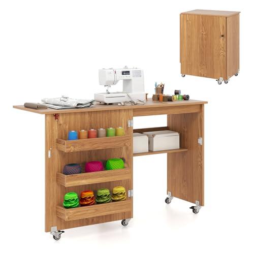 GIANTEX Armario de Costura Plegable 2 en 1 con 5 Ruedas, Mesa de Coser con 3 Compartimentos y 1 Estante Abierto, Aspecto de Vetas de Madera, para Dormitorio, Salón y Estudio (Natural, 118,5x40x79,5cm)