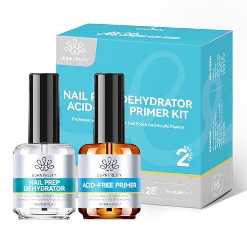 BORN PRETTY Primer para uñas de gel dehidratador para uñas - 15MLx2 Primer y dehidratador libre de ácidos naturales para uñas y preparación superior de uñas Air Dry Set profesional de salón en caja de