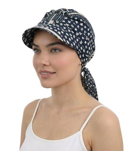 Deresina Gorro Oncológico Mujer Verano – Turbante Oncológico Algodón Pre-Anudado, Pañuelo Oncológico Alopecia, Visera Protección Solar (Florecillas Negras)